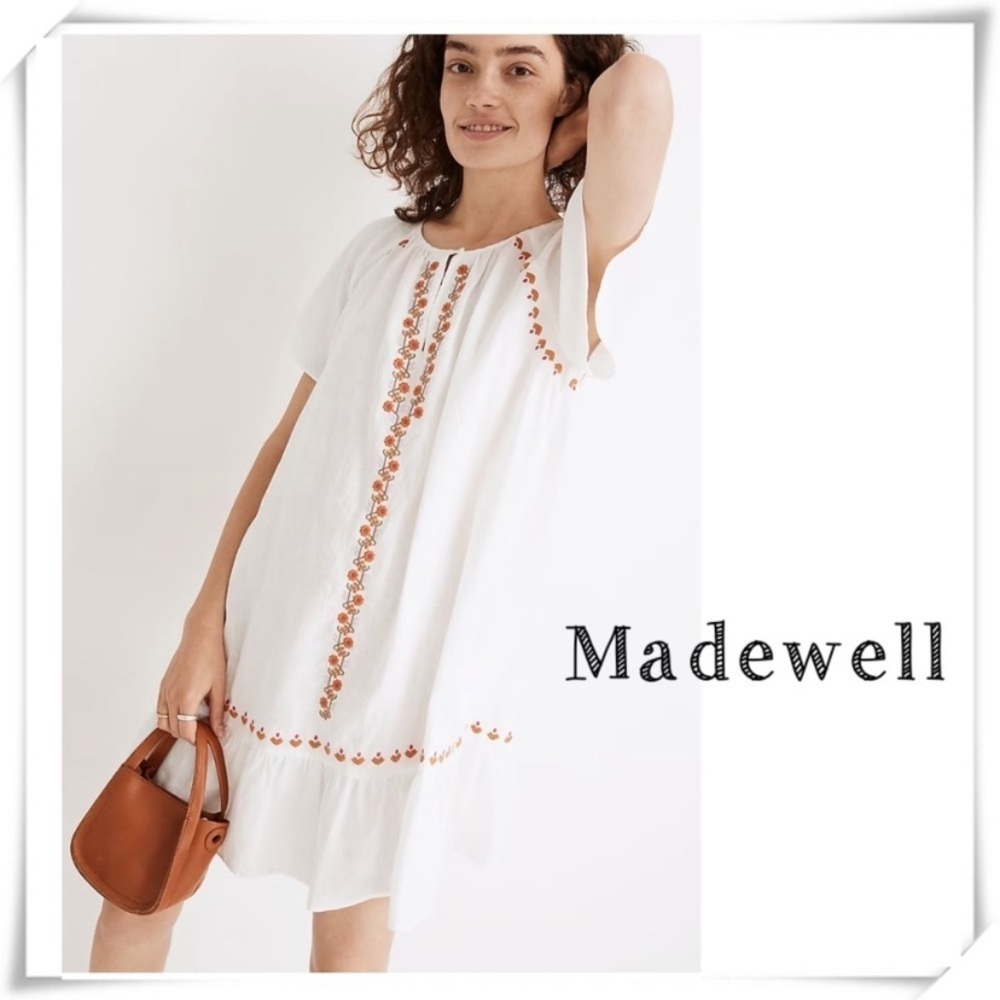 Madewell Embroidered Linen-Blend Raglan Ruffle Mini Dress White AO275 Size L New